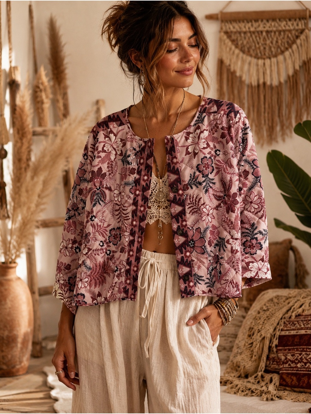 Sabrina Lauren Pink Floral Quilted Crop Jacket nwt